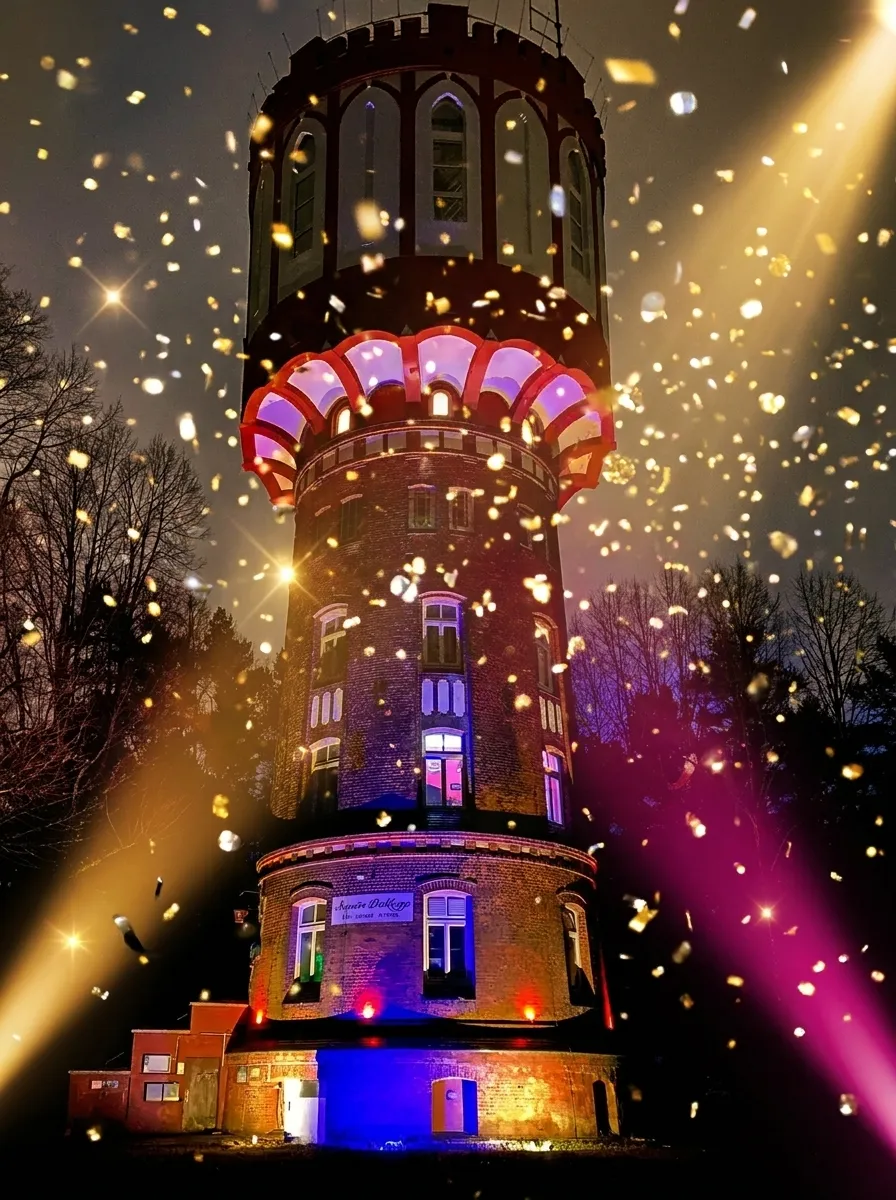 Der beleuchtete Wasserturm bei Nacht mit Lichtern und Glitzer